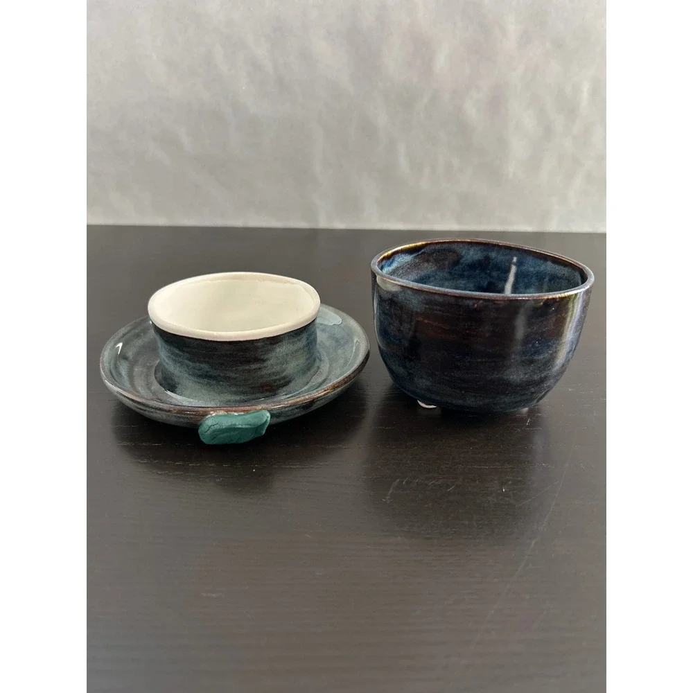 Handmade Studio Pottery Butter Bell French Keeper Blue Green Glaze Leaf Detail